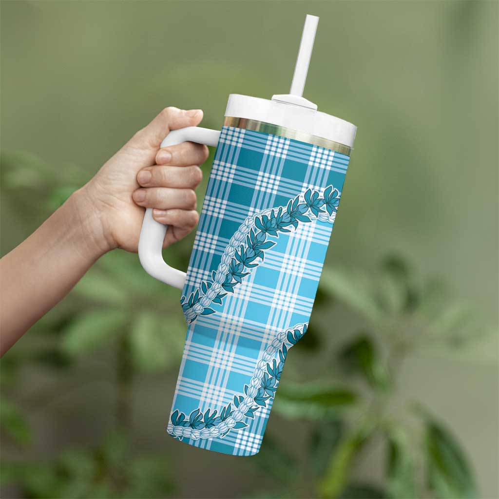 Blue Hawaii Palaka Tumbler With Handle Hawaiian Pikake Lei LT05 - Polynesian Pride