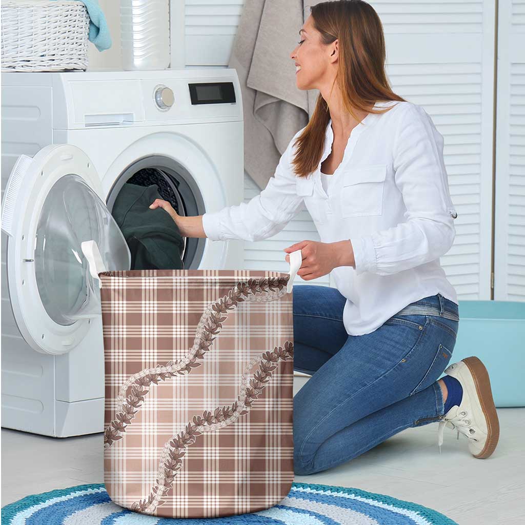 Beige Hawaii Palaka Laundry Basket Hawaiian Pikake Lei LT05 - Polynesian Pride