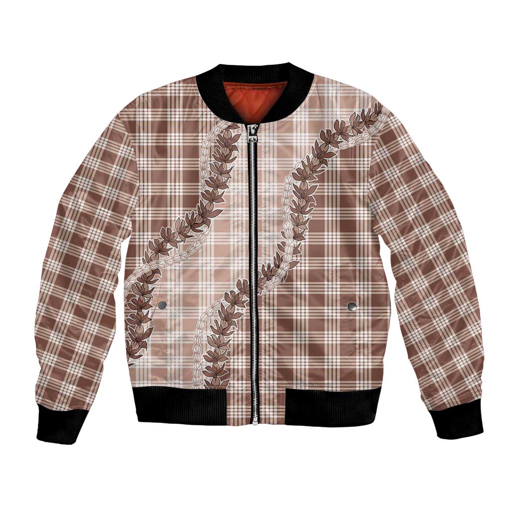 Beige Hawaii Palaka Bomber Jacket Hawaiian Pikake Lei LT05 Unisex Beige - Polynesian Pride