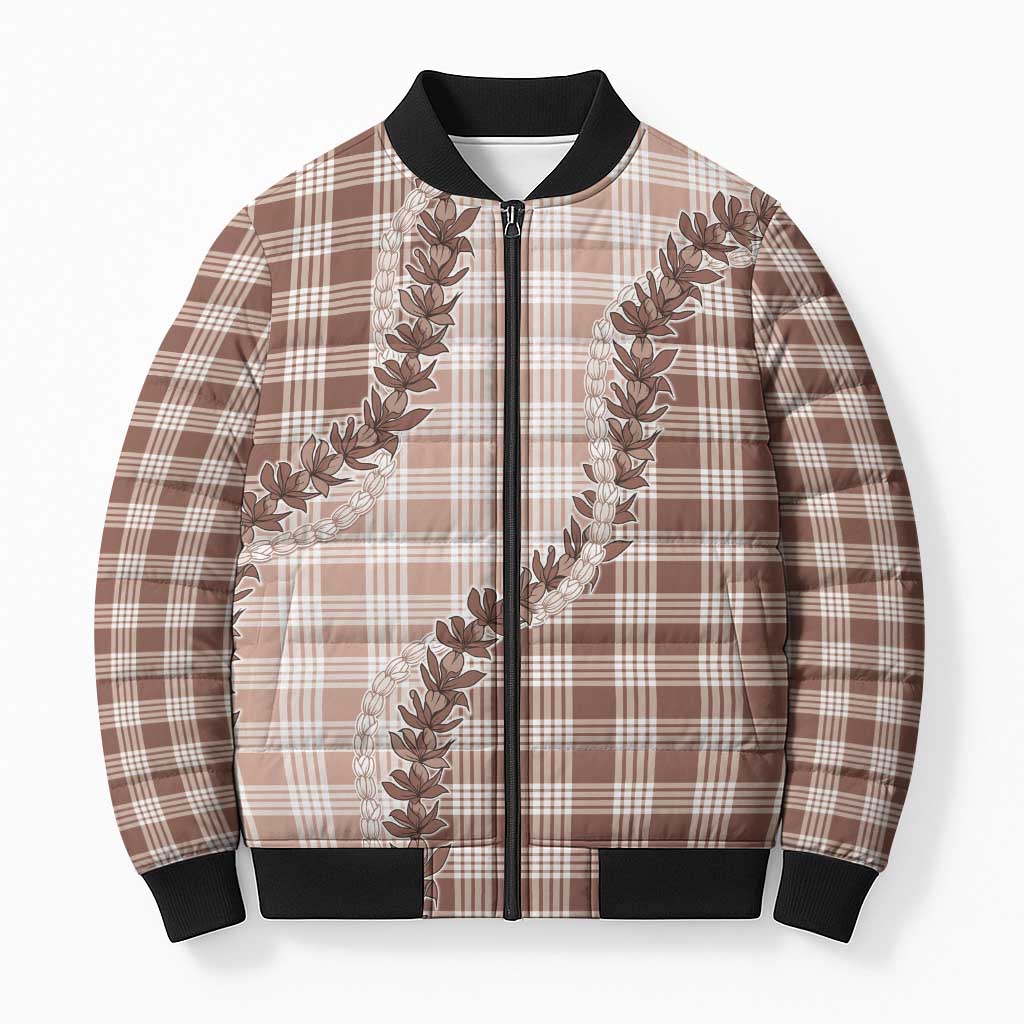 Beige Hawaii Palaka Bomber Puffer Jacket Hawaiian Pikake Lei LT05 Unisex Beige - Polynesian Pride