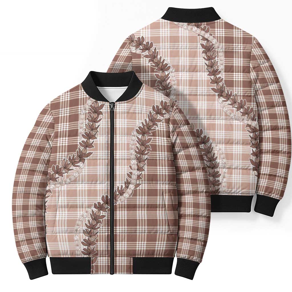 Beige Hawaii Palaka Bomber Puffer Jacket Hawaiian Pikake Lei LT05 - Polynesian Pride