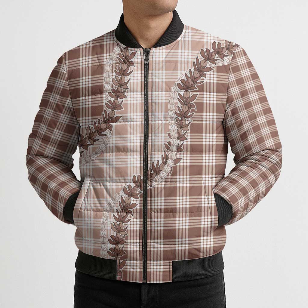 Beige Hawaii Palaka Bomber Puffer Jacket Hawaiian Pikake Lei LT05 - Polynesian Pride