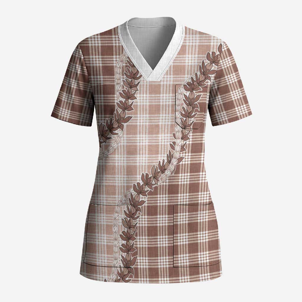 Beige Hawaii Palaka Scrub Top Hawaiian Pikake Lei LT05 Adult Beige - Polynesian Pride