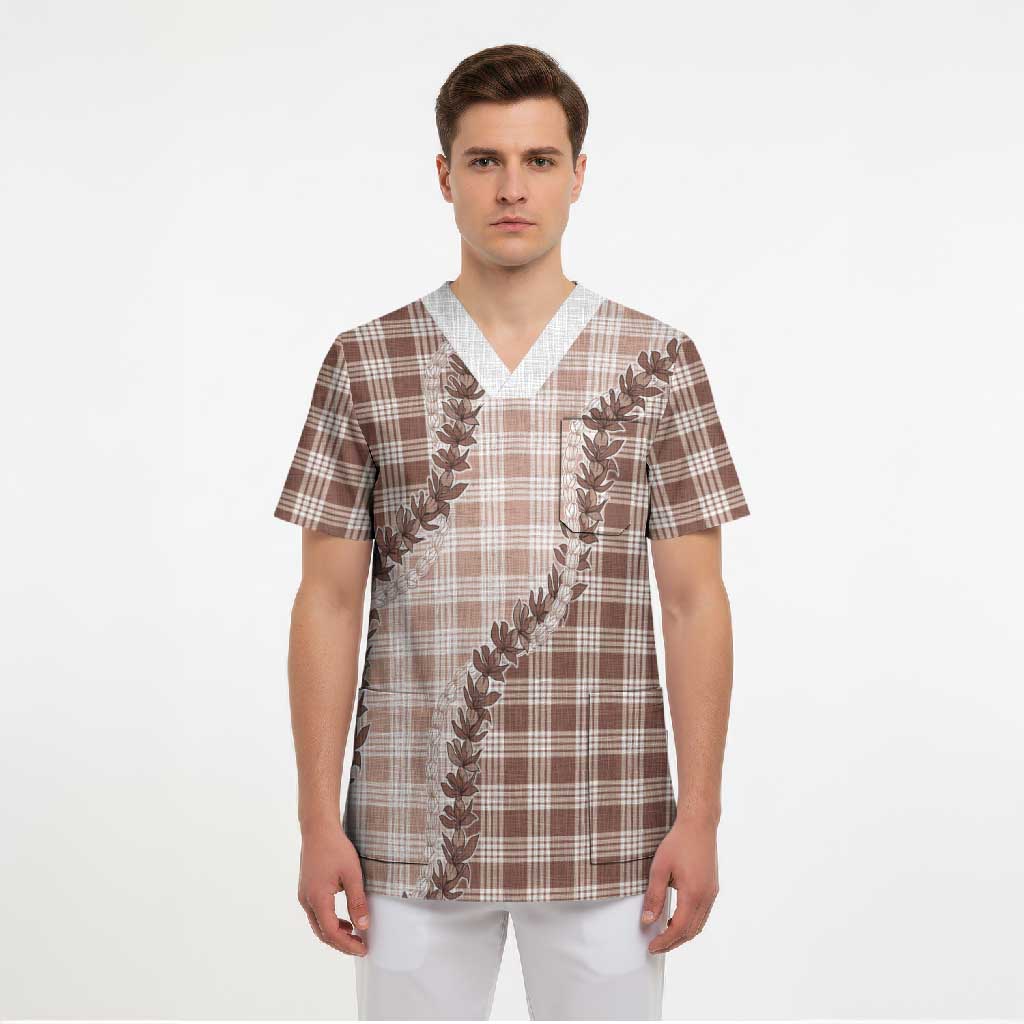Beige Hawaii Palaka Scrub Top Hawaiian Pikake Lei LT05 - Polynesian Pride