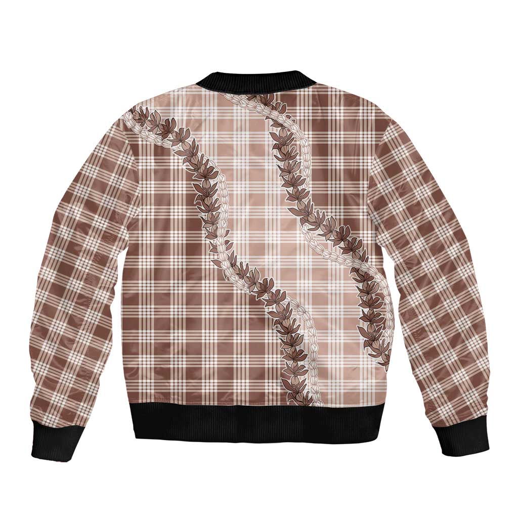Beige Hawaii Palaka Sleeve Zip Bomber Jacket Hawaiian Pikake Lei LT05 - Polynesian Pride