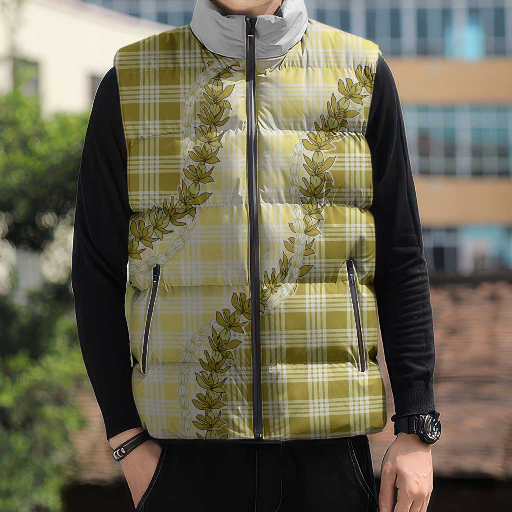Yellow Hawaii Palaka Sleeveless Puffer Jacket Hawaiian Pikake Lei LT05 - Polynesian Pride