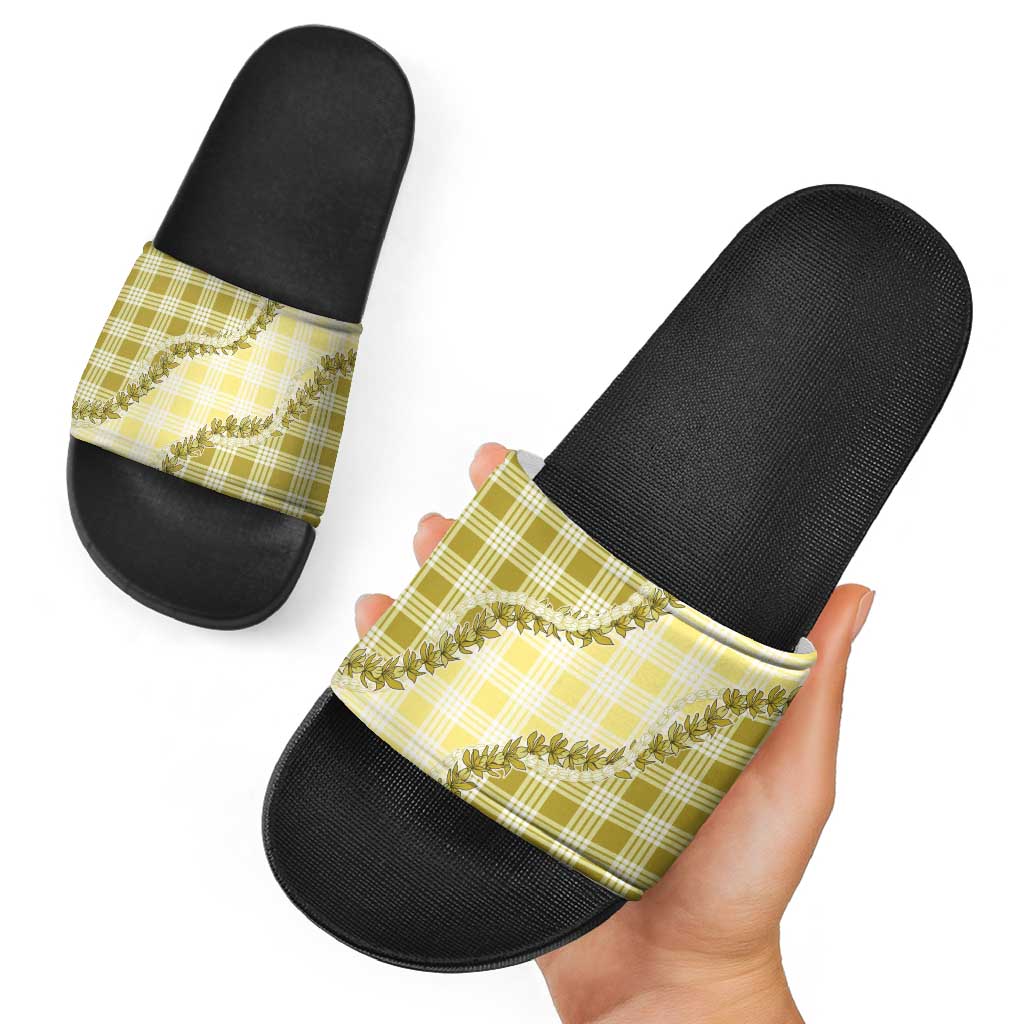 Yellow Hawaii Palaka Slide Sandals Hawaiian Pikake Lei LT05 - Polynesian Pride