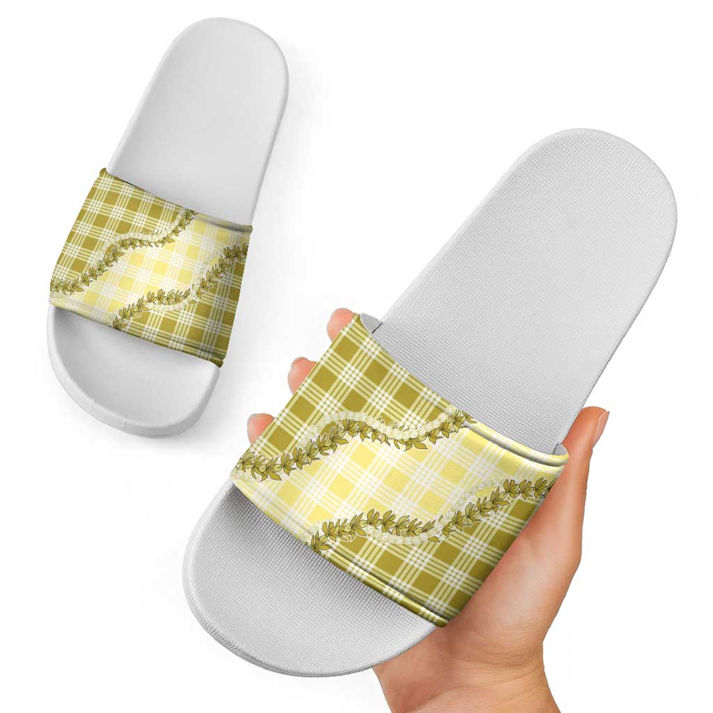 Yellow Hawaii Palaka Slide Sandals Hawaiian Pikake Lei LT05 - Polynesian Pride