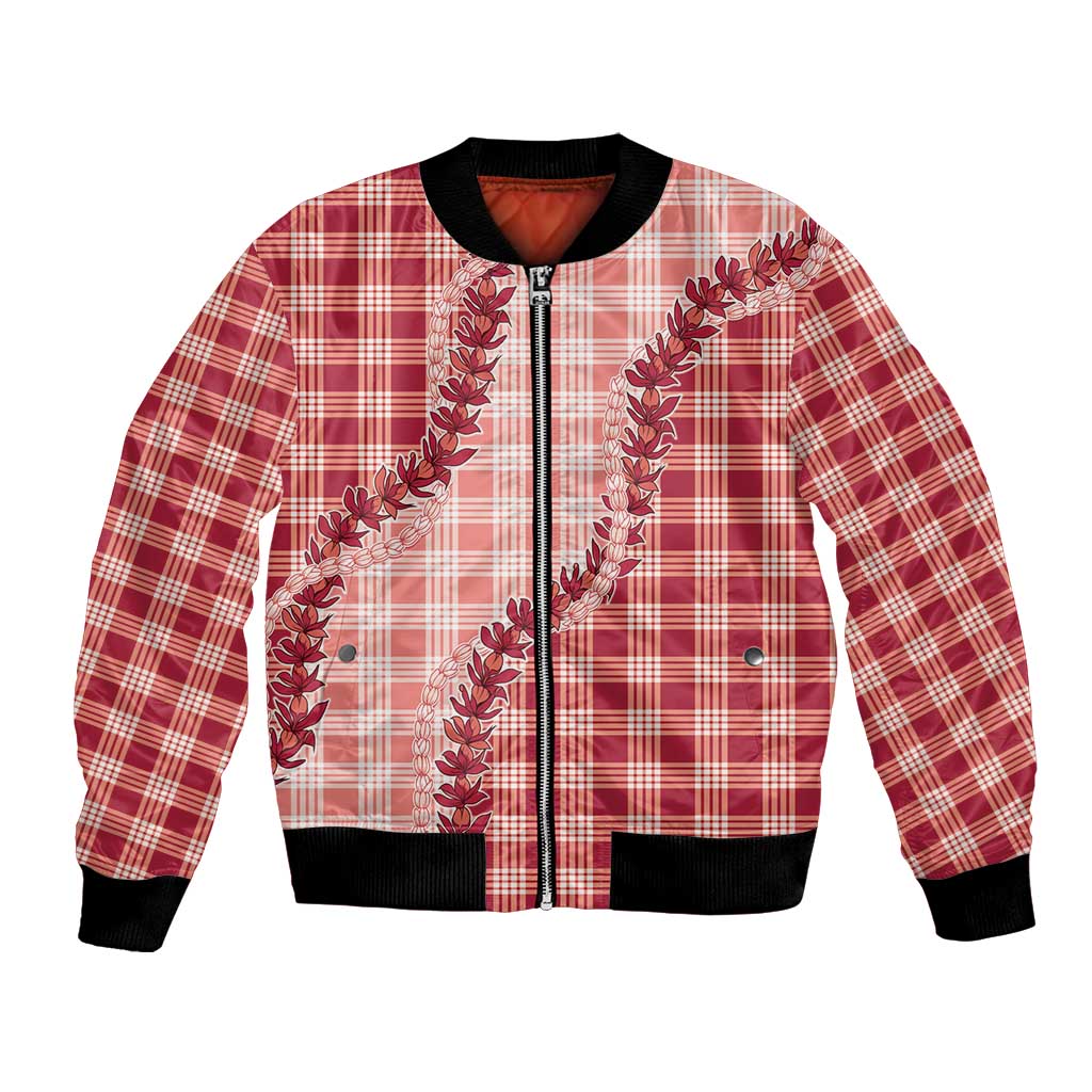 Red Hawaii Palaka Bomber Jacket Hawaiian Pikake Lei LT05 Unisex Red - Polynesian Pride