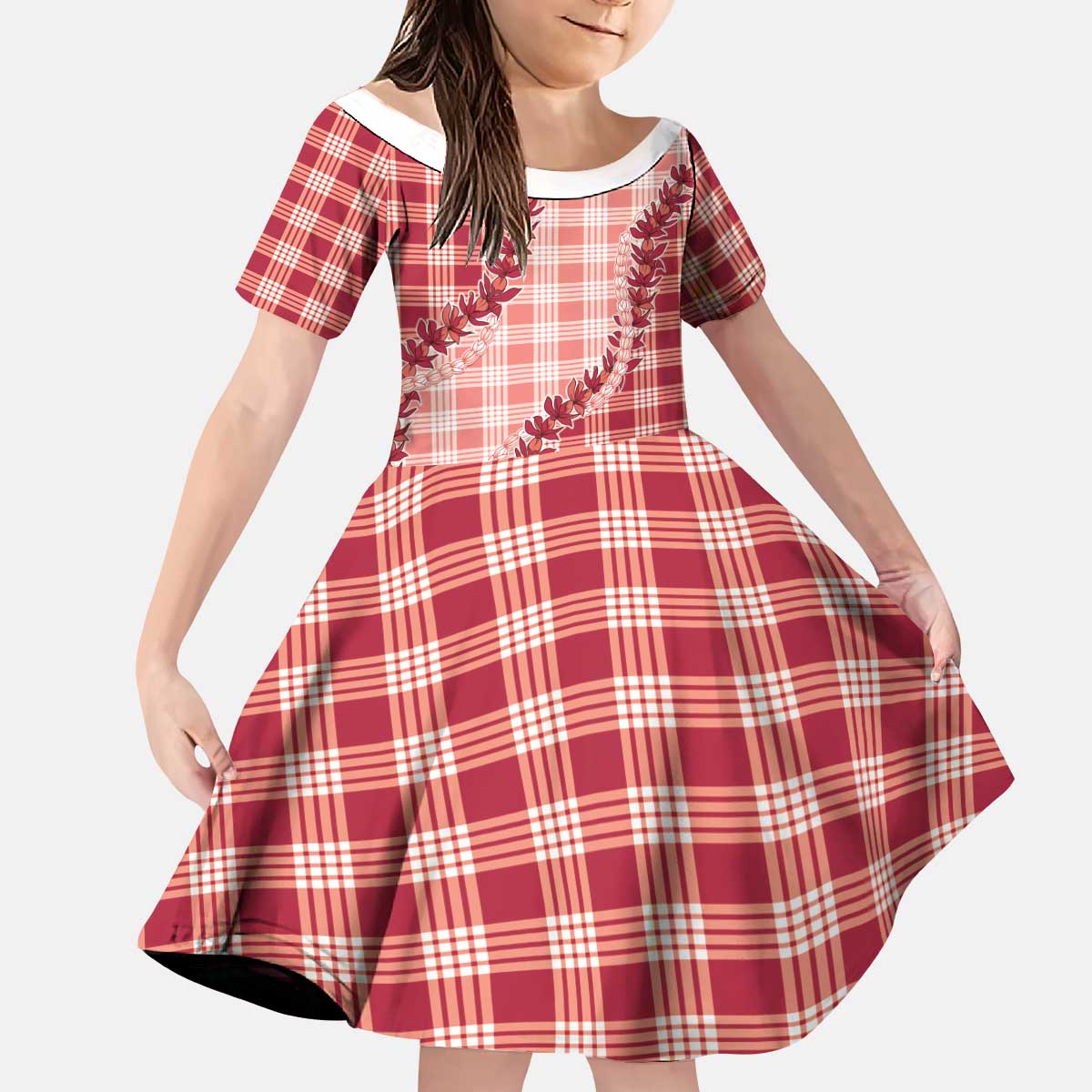 Red Hawaii Palaka Kid Short Sleeve Dress Hawaiian Pikake Lei LT05 KID Red - Polynesian Pride