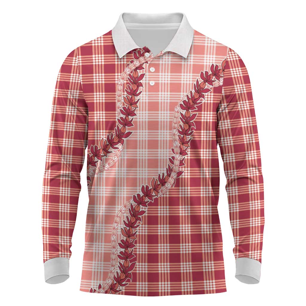 Red Hawaii Palaka Long Sleeve Polo Shirt Hawaiian Pikake Lei LT05 Red - Polynesian Pride