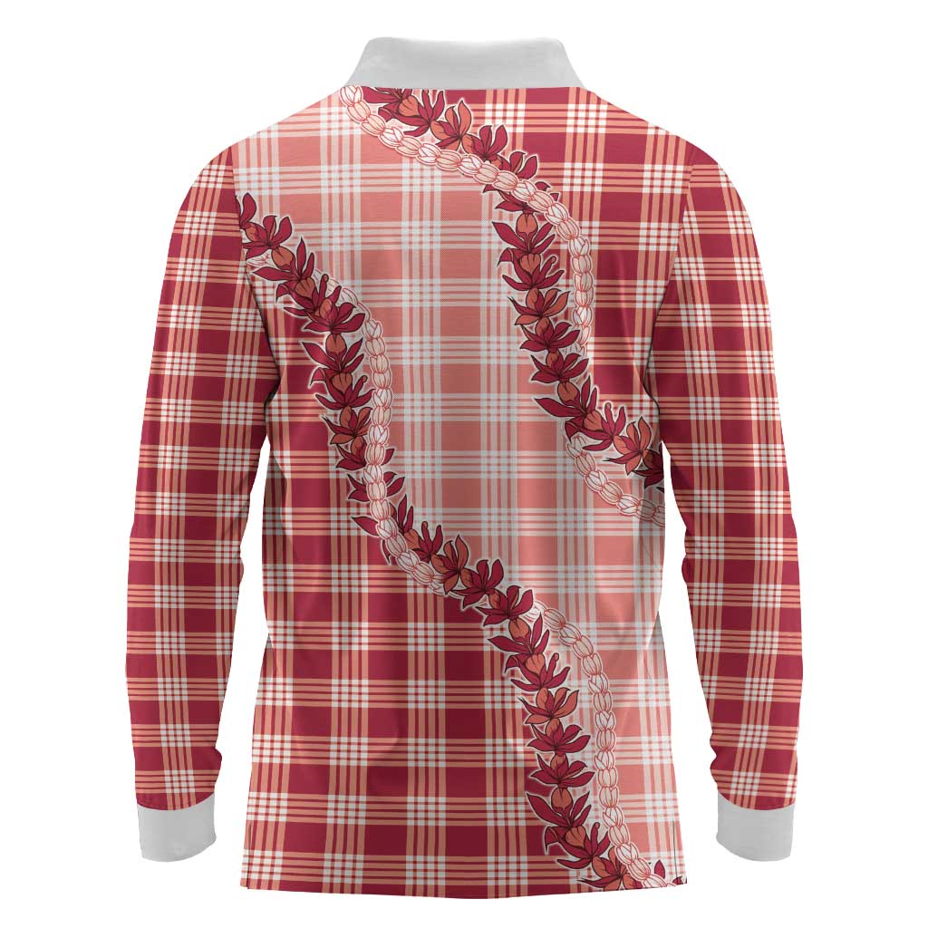 Red Hawaii Palaka Long Sleeve Polo Shirt Hawaiian Pikake Lei LT05 - Polynesian Pride