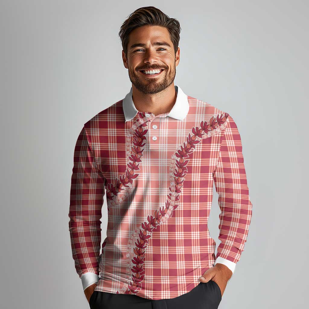 Red Hawaii Palaka Long Sleeve Polo Shirt Hawaiian Pikake Lei LT05 - Polynesian Pride