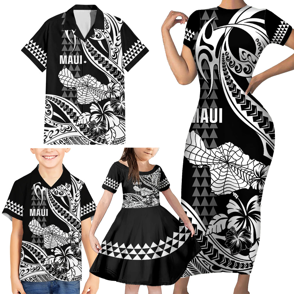 Hawaii Maui Upena Kiloi Family Matching Short Sleeve Bodycon Dress and Hawaiian Shirt Kakau Tribal Pattern Black Version