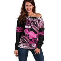 Hawaii Maui Upena Kiloi Off Shoulder Sweater Kakau Tribal Pattern Pink Version LT05 Women Pink - Polynesian Pride