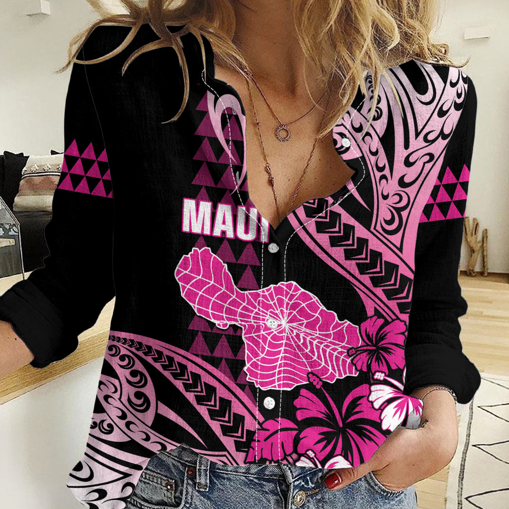 Hawaii Maui Upena Kiloi Women Casual Shirt Kakau Tribal Pattern Pink Version LT05 Female Pink - Polynesian Pride