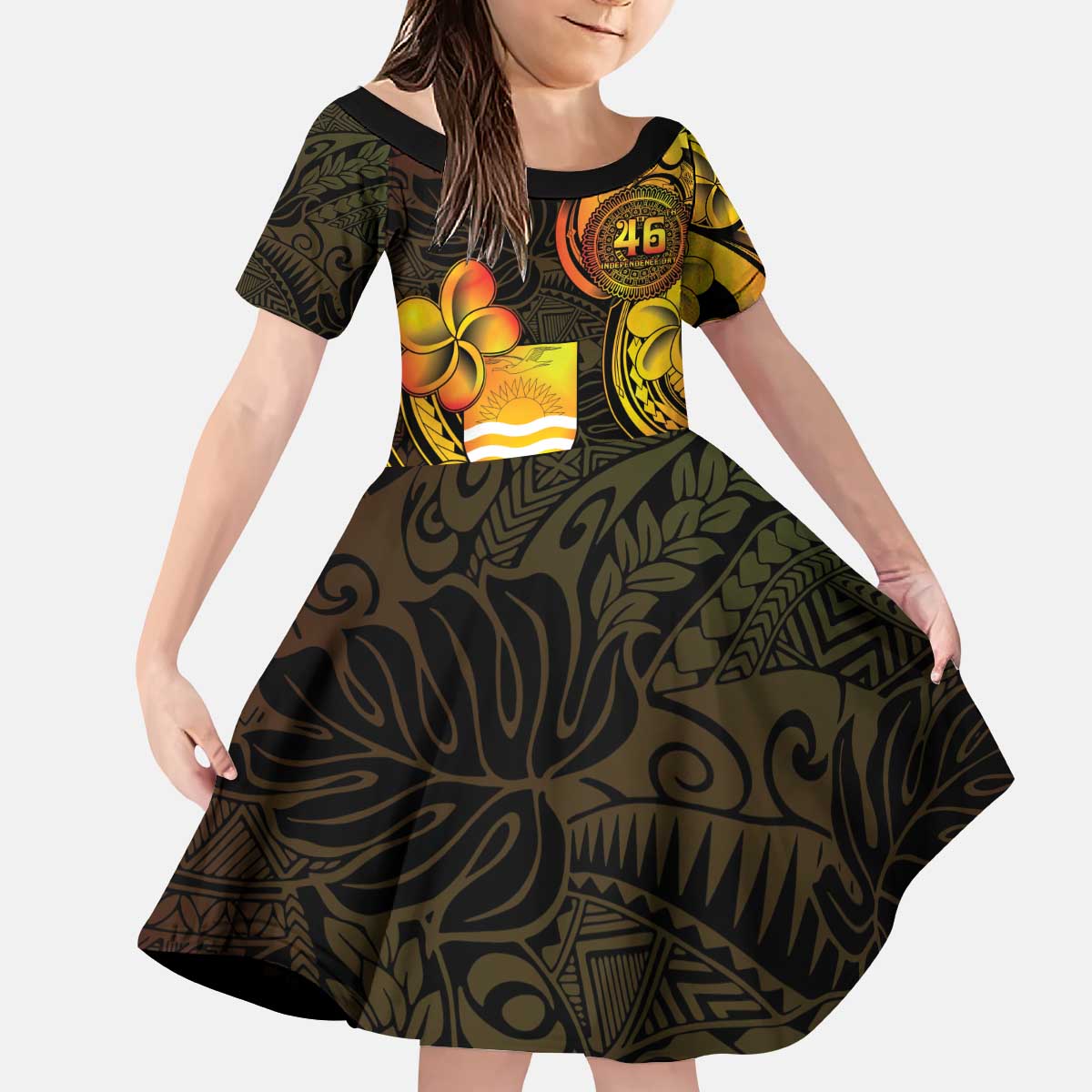 Personalised Kiribati Independence Day Kid Short Sleeve Dress 46th Anniversary LT05 KID Yellow - Polynesian Pride