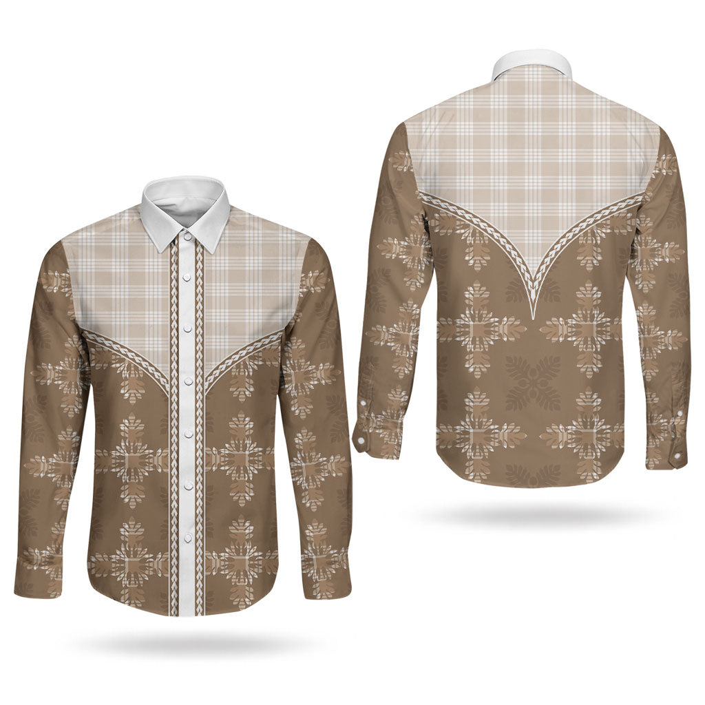 Beige Hawaii Paniolo Quilt Motif Couples Matching Summer Maxi Dress and Long Sleeve Button Shirt LT05 - Polynesian Pride