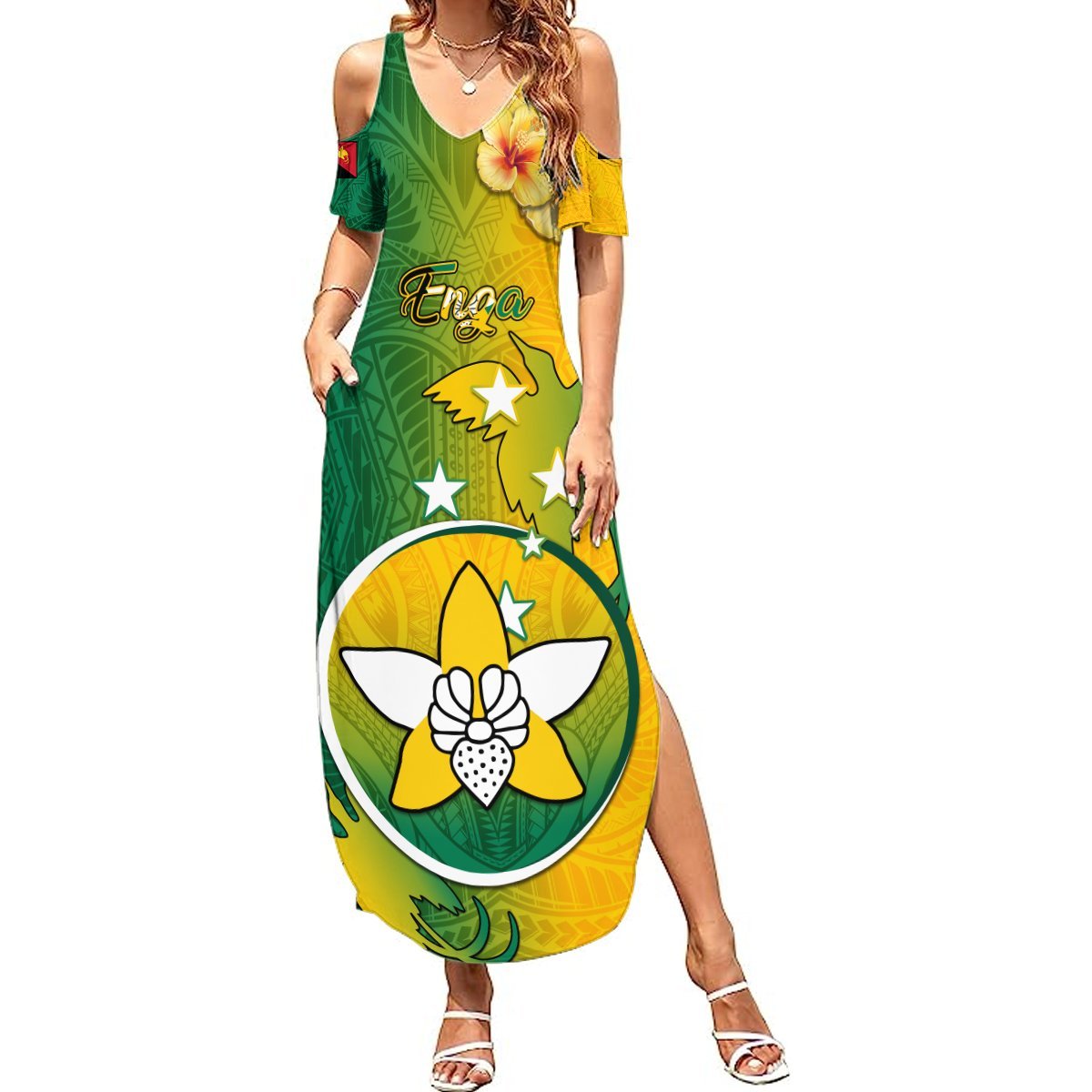 Personalized Papua New Guinea Enga Province Summer Maxi Dress Mix Coat Of Arms Polynesian Pattern LT05 Women Green - Polynesian Pride