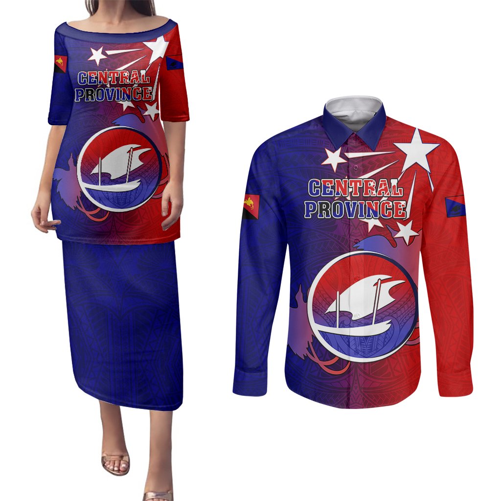 Personalized Papua New Guinea Central Province Couples Matching Puletasi Dress and Long Sleeve Button Shirts Mix Coat Of Arms Polynesian Pattern LT05 Blue - Polynesian Pride
