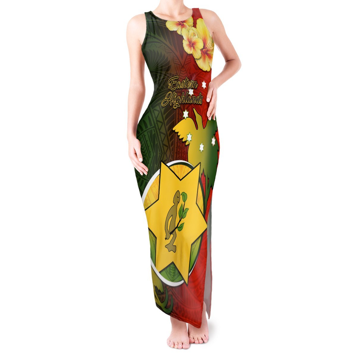 Personalized Papua New Guinea Eastern Highlands Province Tank Maxi Dress Mix Coat Of Arms Polynesian Pattern LT05 Women Red - Polynesian Pride