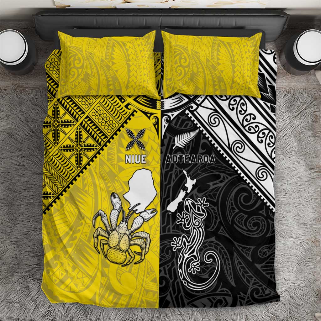 New Zealand Maori And Niue Hiapo Bedding Set Lizard And Coconut Crab Together LT05 Yellow - Polynesian Pride