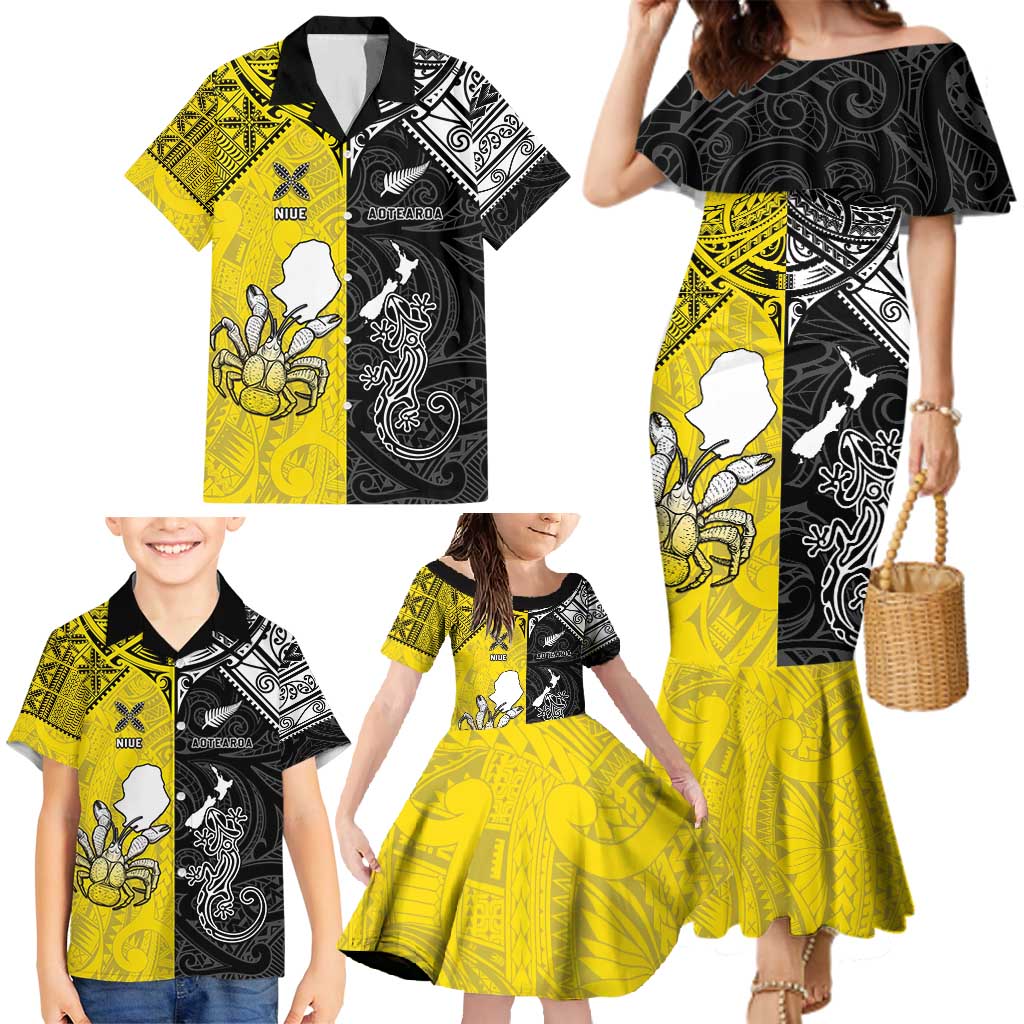 Custom New Zealand Maori And Niue Hiapo Family Matching Mermaid Dress and Hawaiian Shirt Lizard And Coconut Crab Together