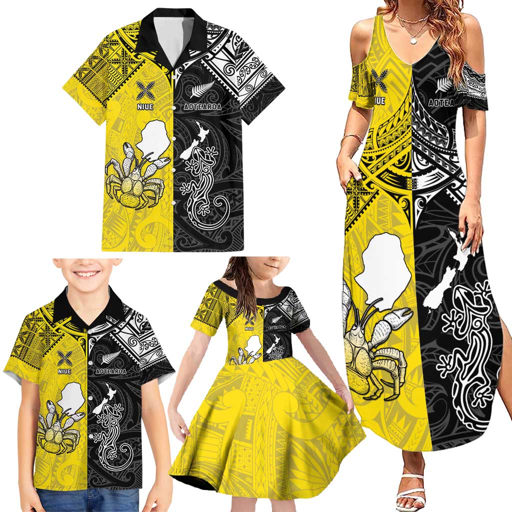 Custom New Zealand Maori And Niue Hiapo Family Matching Summer Maxi Dress and Hawaiian Shirt Lizard And Coconut Crab Together