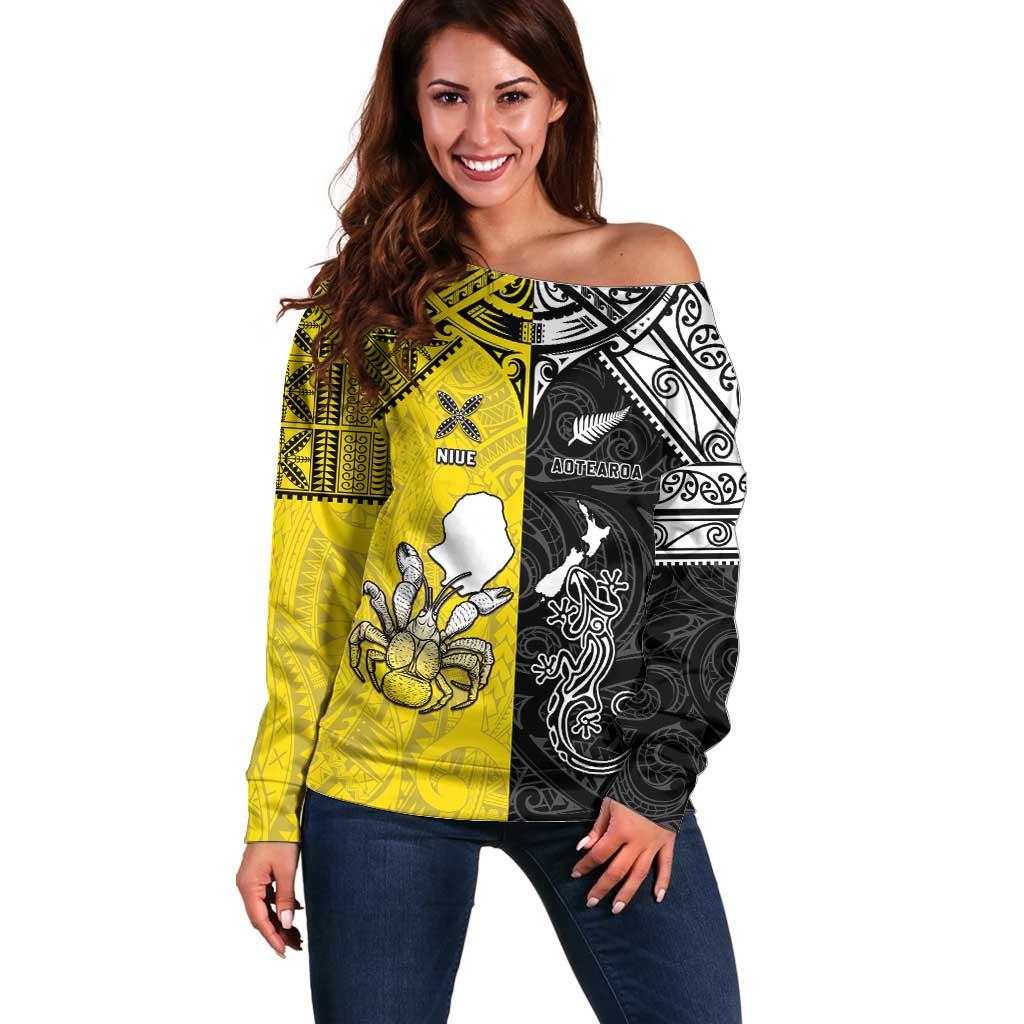 Custom New Zealand Maori And Niue Hiapo Off Shoulder Sweater Lizard And Coconut Crab Together LT05 Women Yellow - Polynesian Pride