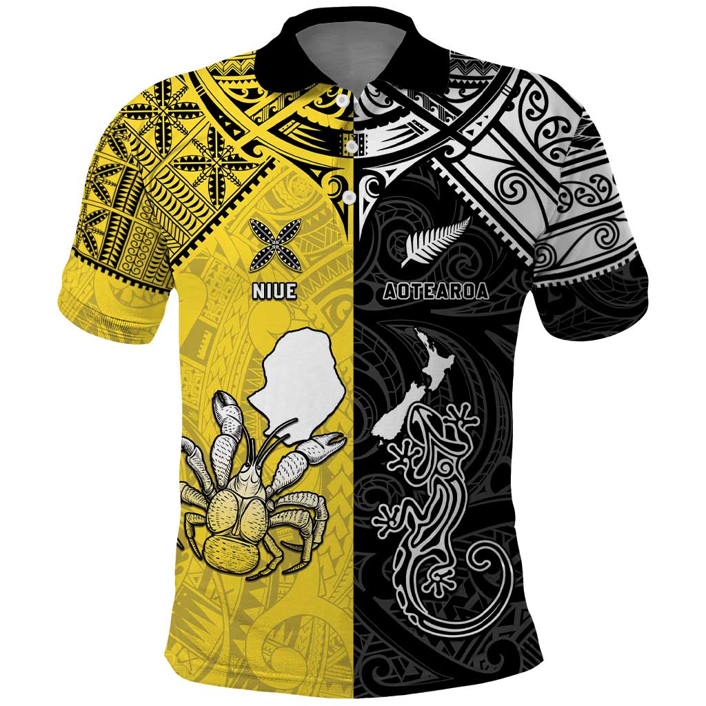 Custom New Zealand Maori And Niue Hiapo Polo Shirt Lizard And Coconut Crab Together