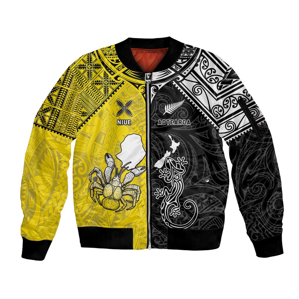 Custom New Zealand Maori And Niue Hiapo Sleeve Zip Bomber Jacket Lizard And Coconut Crab Together LT05 Unisex Yellow - Polynesian Pride