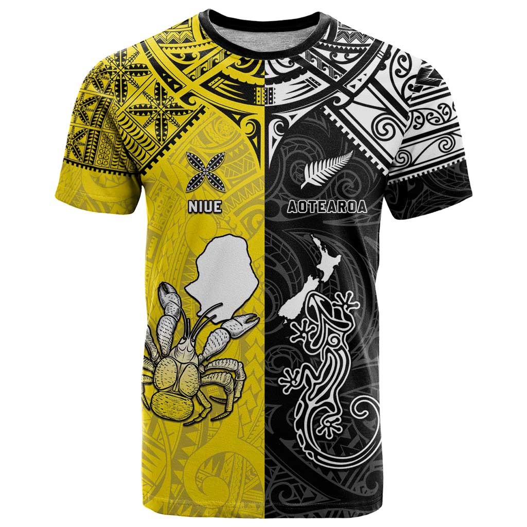 Custom New Zealand Maori And Niue Hiapo T Shirt Lizard And Coconut Crab Together