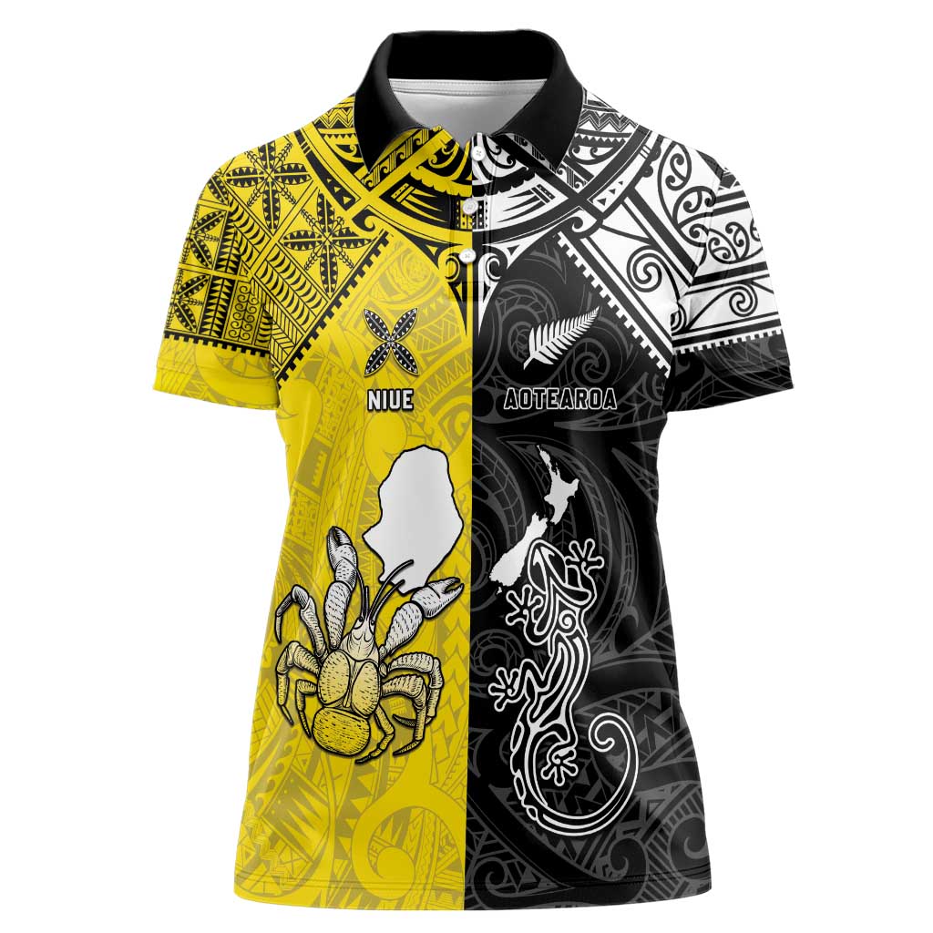 Custom New Zealand Maori And Niue Hiapo Women Polo Shirt Lizard And Coconut Crab Together