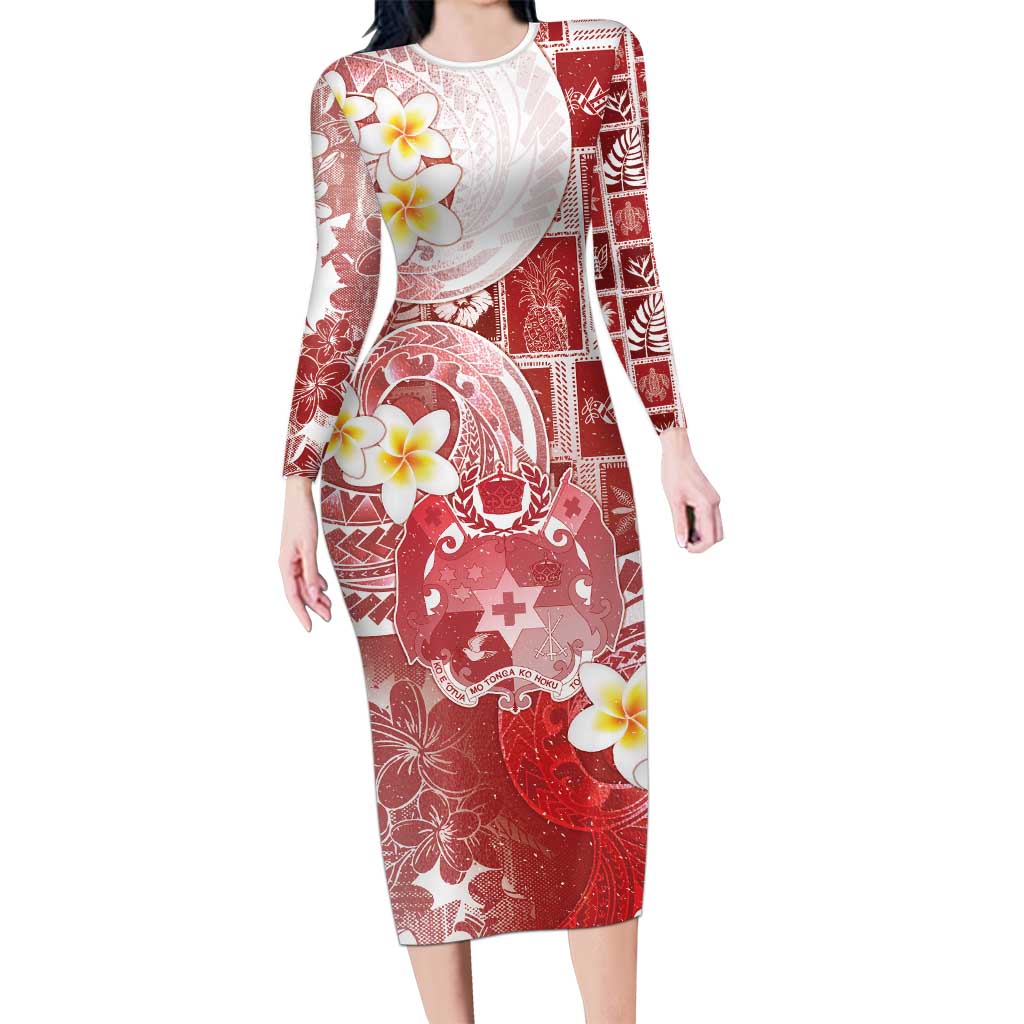 Tonga Christmas Long Sleeve Bodycon Dress Kilisimasi Fiefia Retro Style Red LT05 Long Dress Red - Polynesian Pride