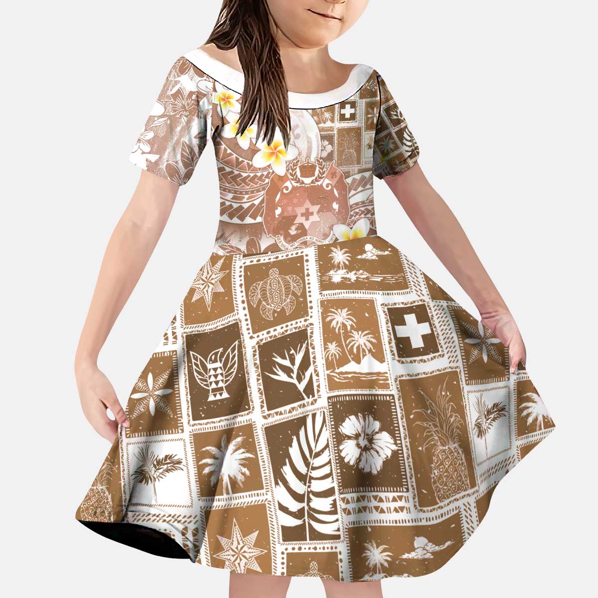 Tonga Christmas Kid Short Sleeve Dress Kilisimasi Fiefia Retro Style Brown LT05 KID Brown - Polynesian Pride