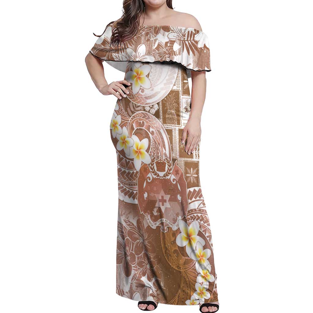 Tonga Christmas Off Shoulder Maxi Dress Kilisimasi Fiefia Retro Style Brown LT05 Women Brown - Polynesian Pride