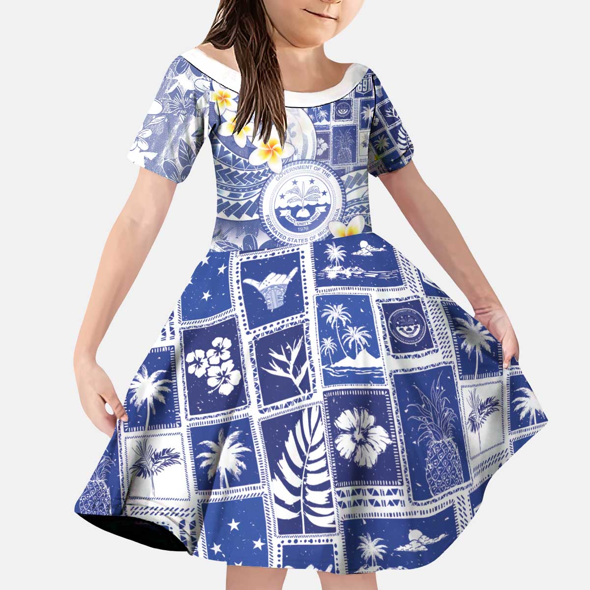 Federated States Of Micronesia Christmas Kid Short Sleeve Dress Retro Style Bright Version LT05 KID Blue - Polynesian Pride