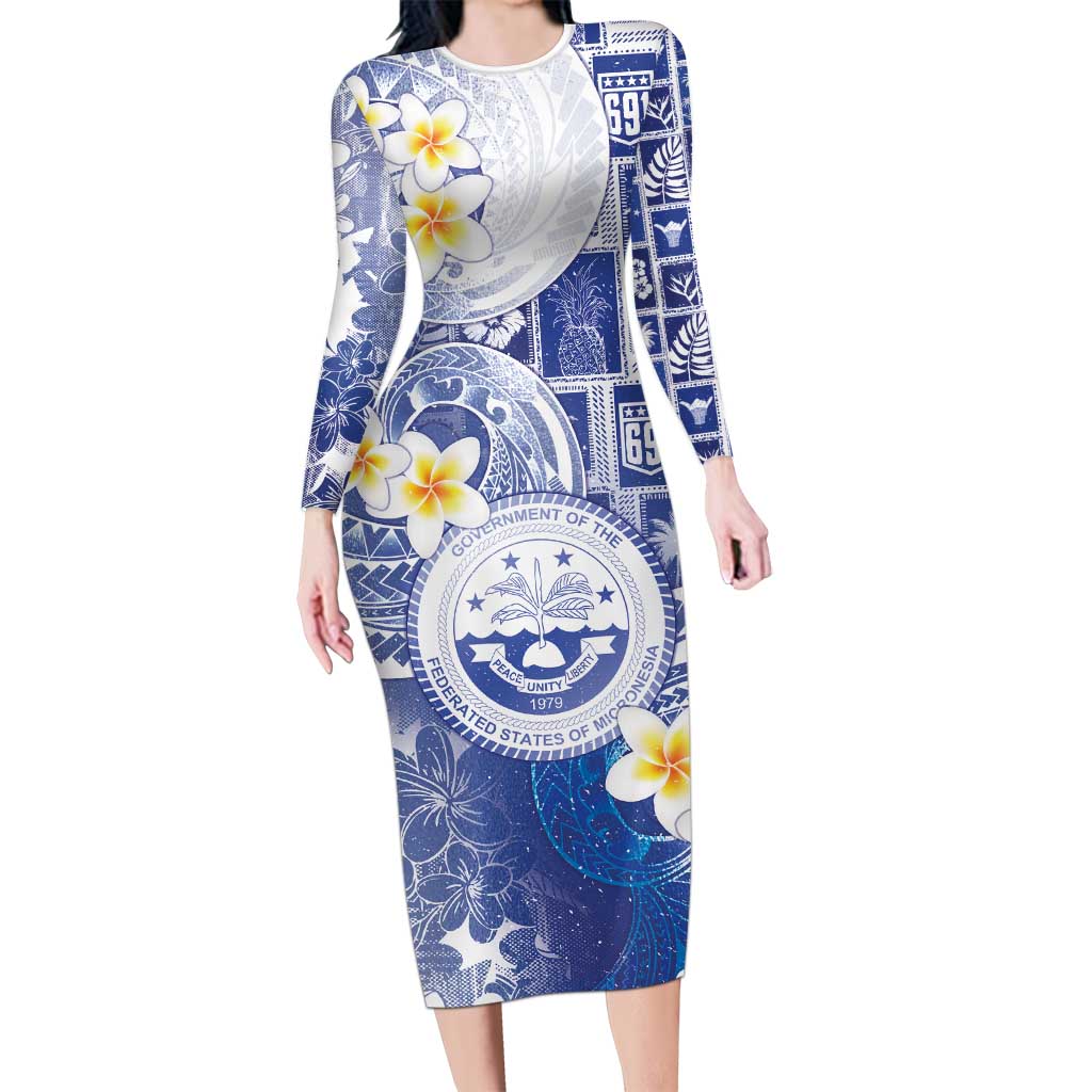 Federated States Of Micronesia Christmas Long Sleeve Bodycon Dress Retro Style Bright Version LT05 Long Dress Blue - Polynesian Pride