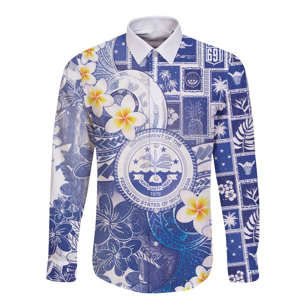 Federated States Of Micronesia Christmas Long Sleeve Button Shirt Retro Style Bright Version LT05 Unisex Blue - Polynesian Pride