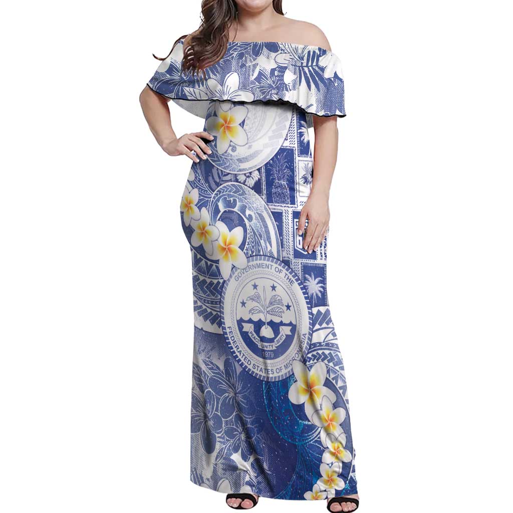 Federated States Of Micronesia Christmas Off Shoulder Maxi Dress Retro Style Bright Version LT05 Women Blue - Polynesian Pride
