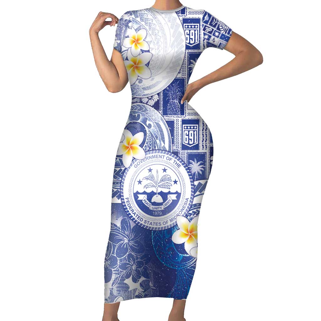 Federated States Of Micronesia Christmas Short Sleeve Bodycon Dress Retro Style Bright Version LT05 Long Dress Blue - Polynesian Pride