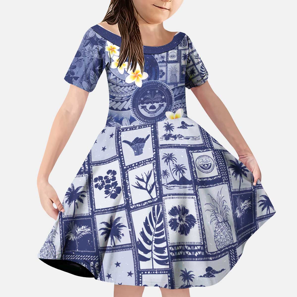 Federated States Of Micronesia Christmas Kid Short Sleeve Dress Retro Style Dark Version LT05 KID Navy - Polynesian Pride