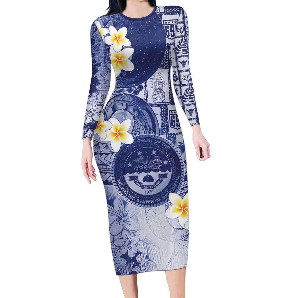 Federated States Of Micronesia Christmas Long Sleeve Bodycon Dress Retro Style Dark Version LT05 Long Dress Navy - Polynesian Pride