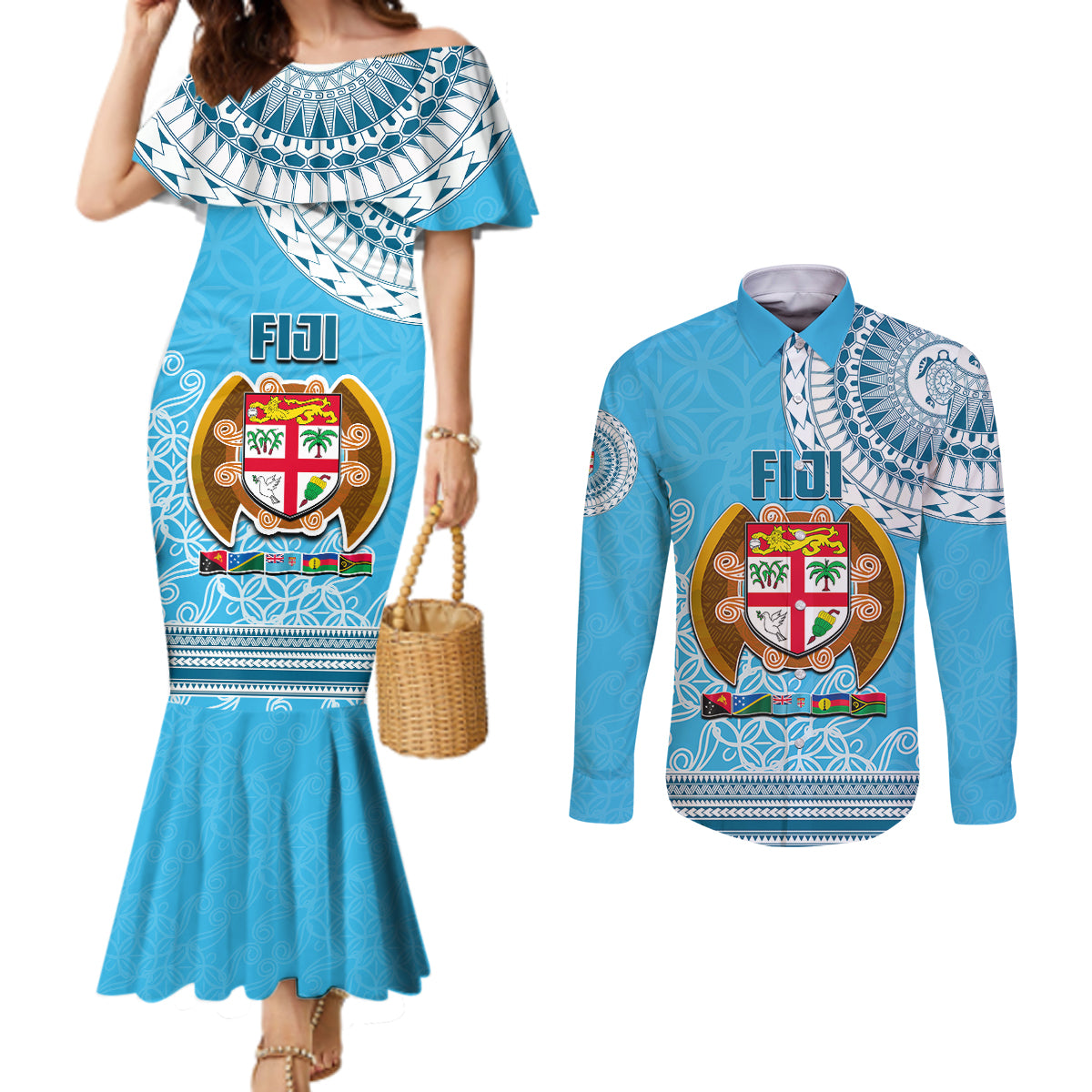 Fiji Couples Matching Mermaid Dress and Long Sleeve Button Shirts Melanesian Festival 2023 LT6 Blue - Polynesian Pride