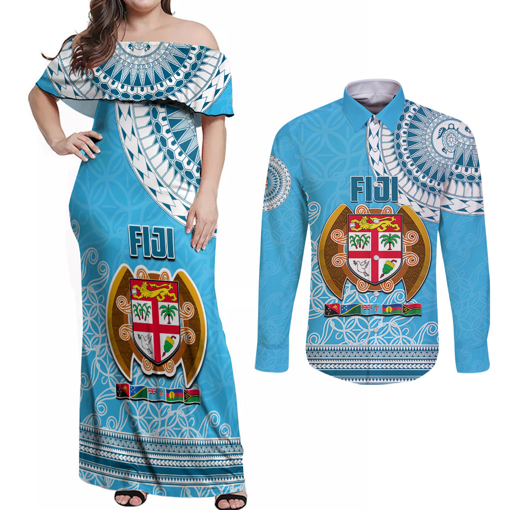 Fiji Couples Matching Off Shoulder Maxi Dress and Long Sleeve Button Shirts Melanesian Festival 2023 LT6 Blue - Polynesian Pride