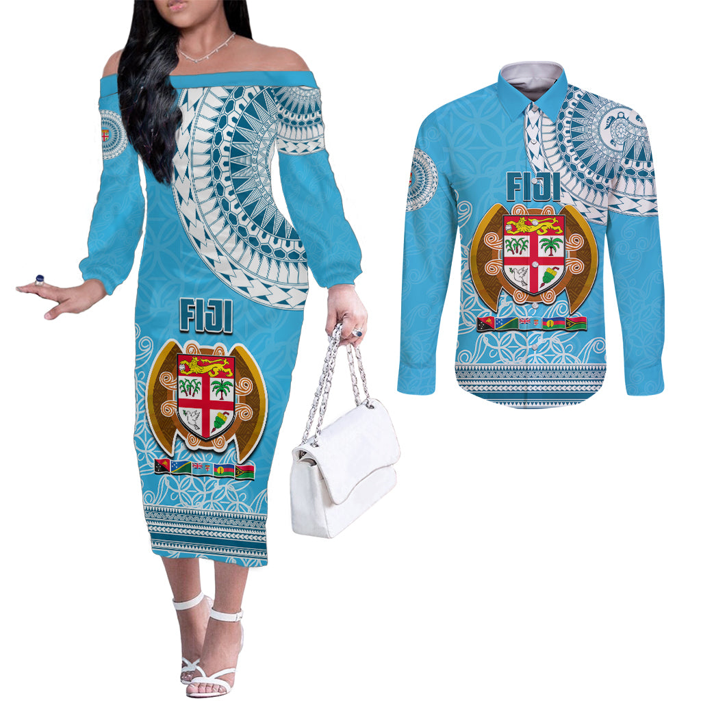 Fiji Couples Matching Off The Shoulder Long Sleeve Dress and Long Sleeve Button Shirts Melanesian Festival 2023 LT6 Blue - Polynesian Pride