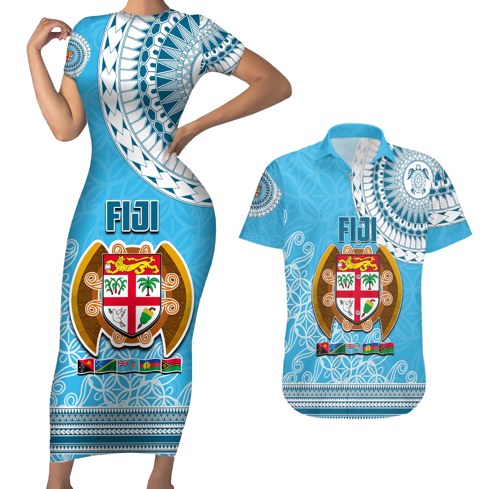 Fiji Couples Matching Short Sleeve Bodycon Dress and Hawaiian Shirt Melanesian Festival 2023 LT6 Blue - Polynesian Pride