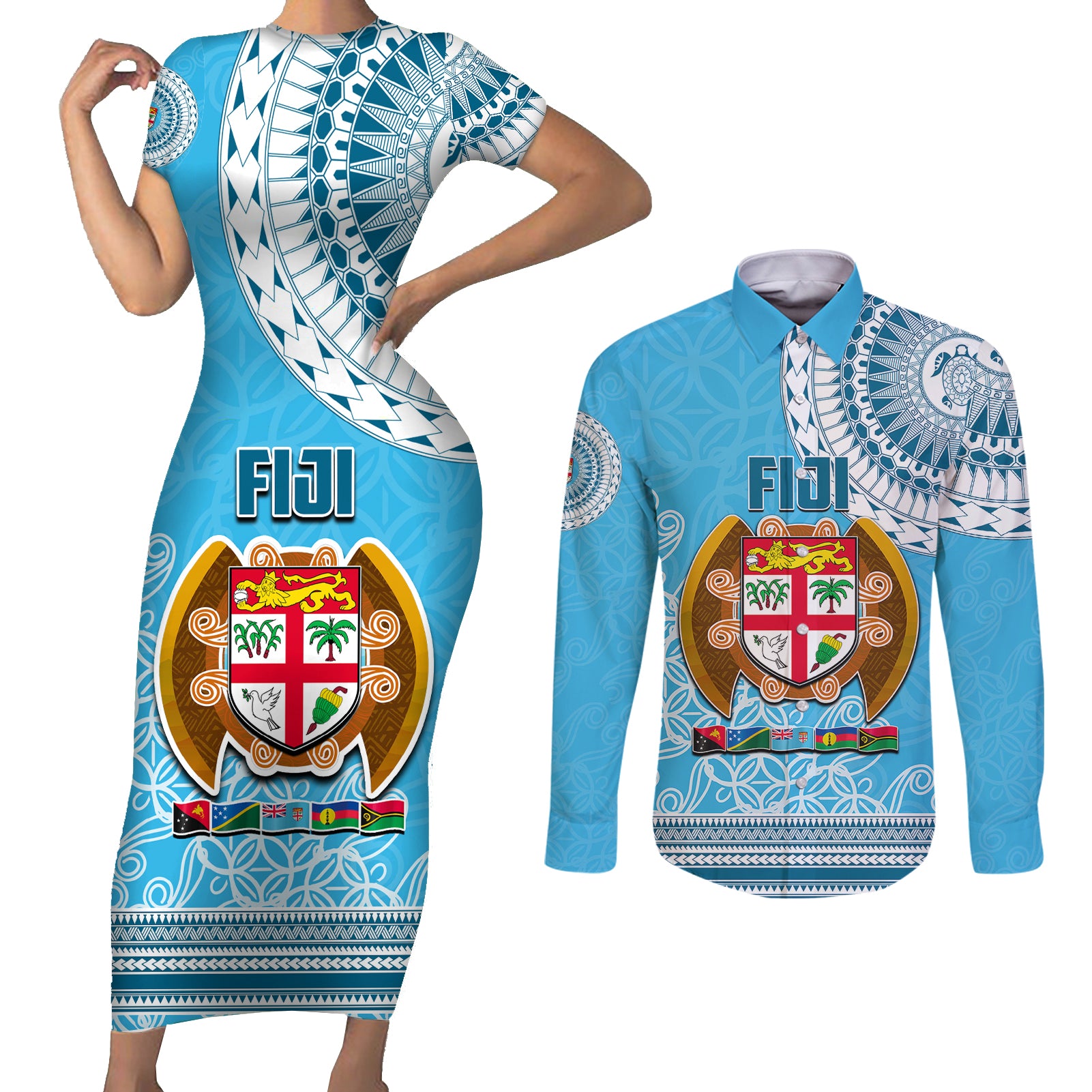 Fiji Couples Matching Short Sleeve Bodycon Dress and Long Sleeve Button Shirts Melanesian Festival 2023 LT6 Blue - Polynesian Pride