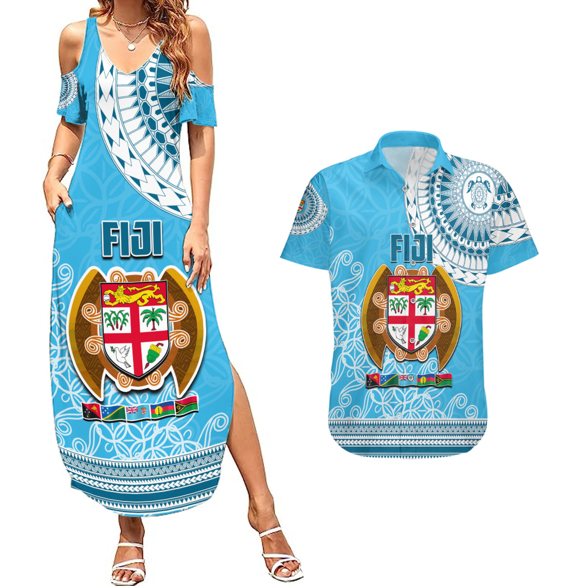 Fiji Couples Matching Summer Maxi Dress and Hawaiian Shirt Melanesian Festival 2023 LT6 Blue - Polynesian Pride