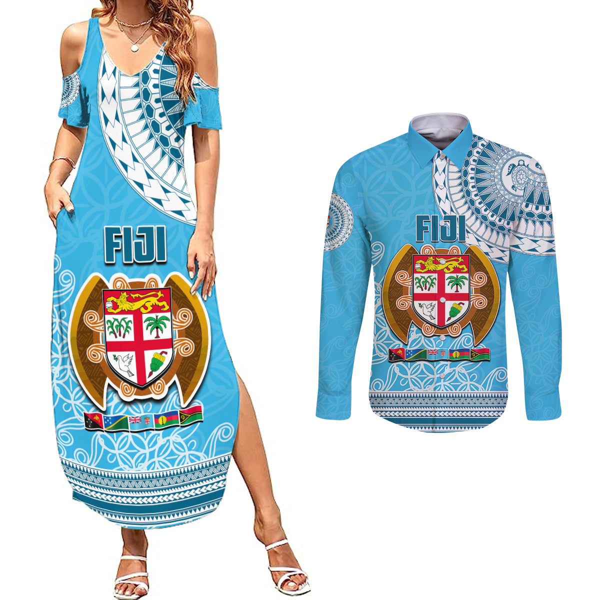 Fiji Couples Matching Summer Maxi Dress and Long Sleeve Button Shirts Melanesian Festival 2023 LT6 Blue - Polynesian Pride